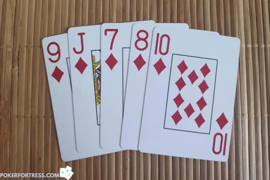 Example of the straight flush pat hand in 5 card draw poker. 