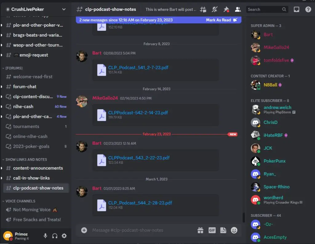 Crush Live Poker Discord with Podcast notes