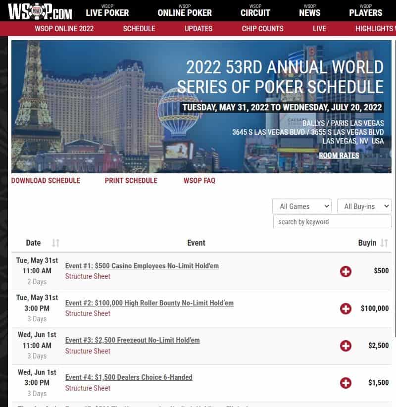 2022 schedule in wsop